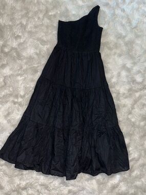 One-Shoulder Black Tiered Maxi Dress with Smocked Bodice